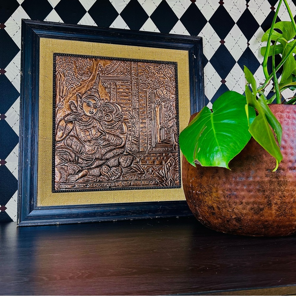 Oversized Framed Repoussé Copper-Tone 25" Radha &‎ Krishna  Panel Relief Art MCM